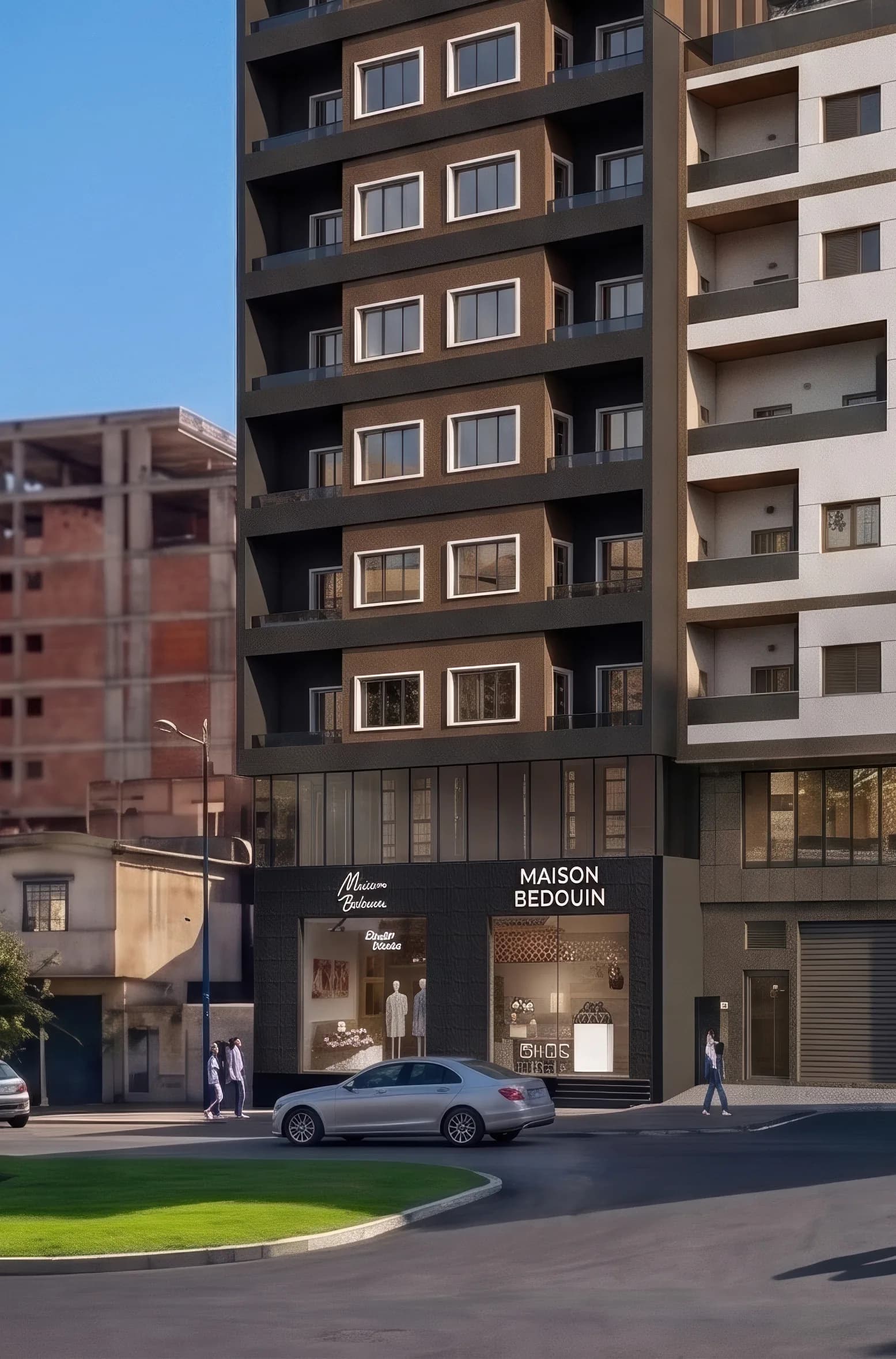 Détail de l'angle et des balcons