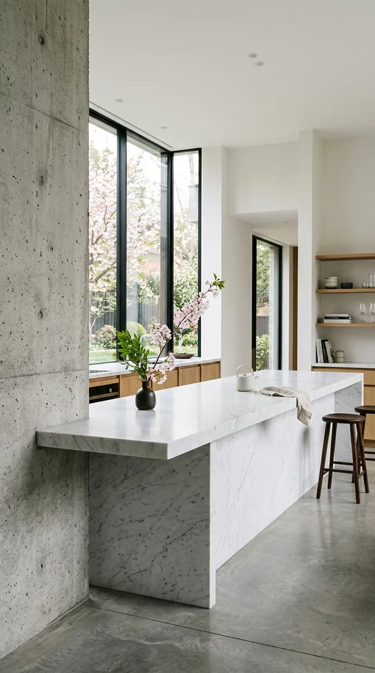 Intérieur épuré aux finitions en marbre et béton brut